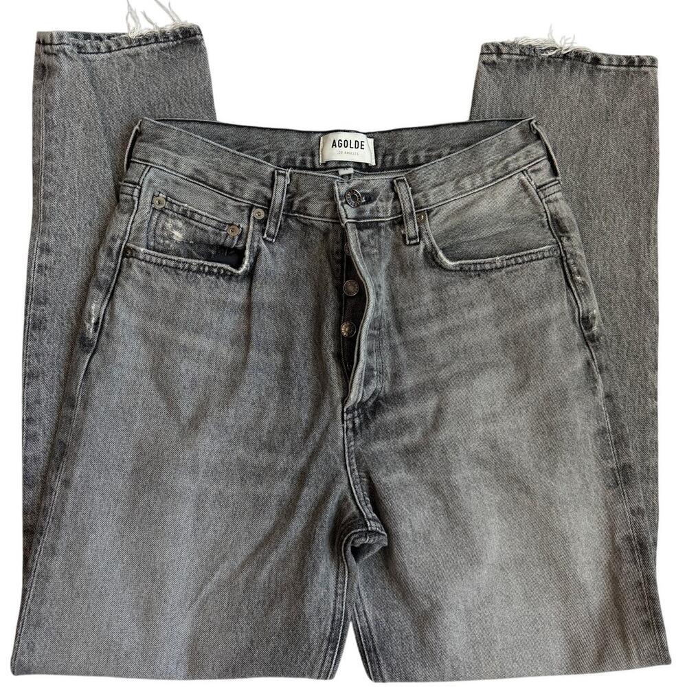Agolde Black Acid Wash, Button Fly, Frayed Hem, High Rise, Boot Cut Jeans- 26